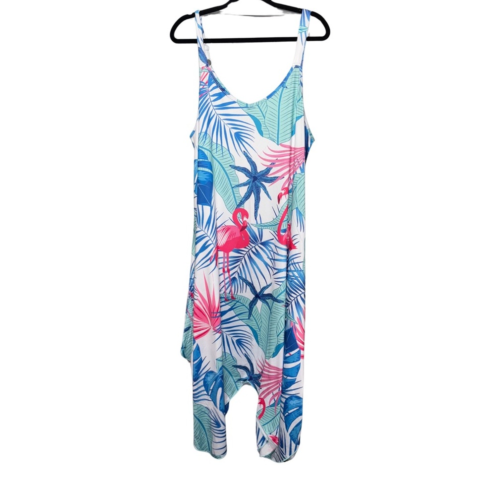 Shoreline Blue and Pink Flamingo Asymmetrical Sundress Resort Cruise Vacation